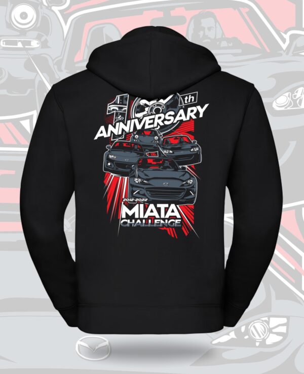 High-quality hoodie featuring a 15th anniversary design with Miata cars and racing elements, perfect for Mazda Miata enthusiasts.