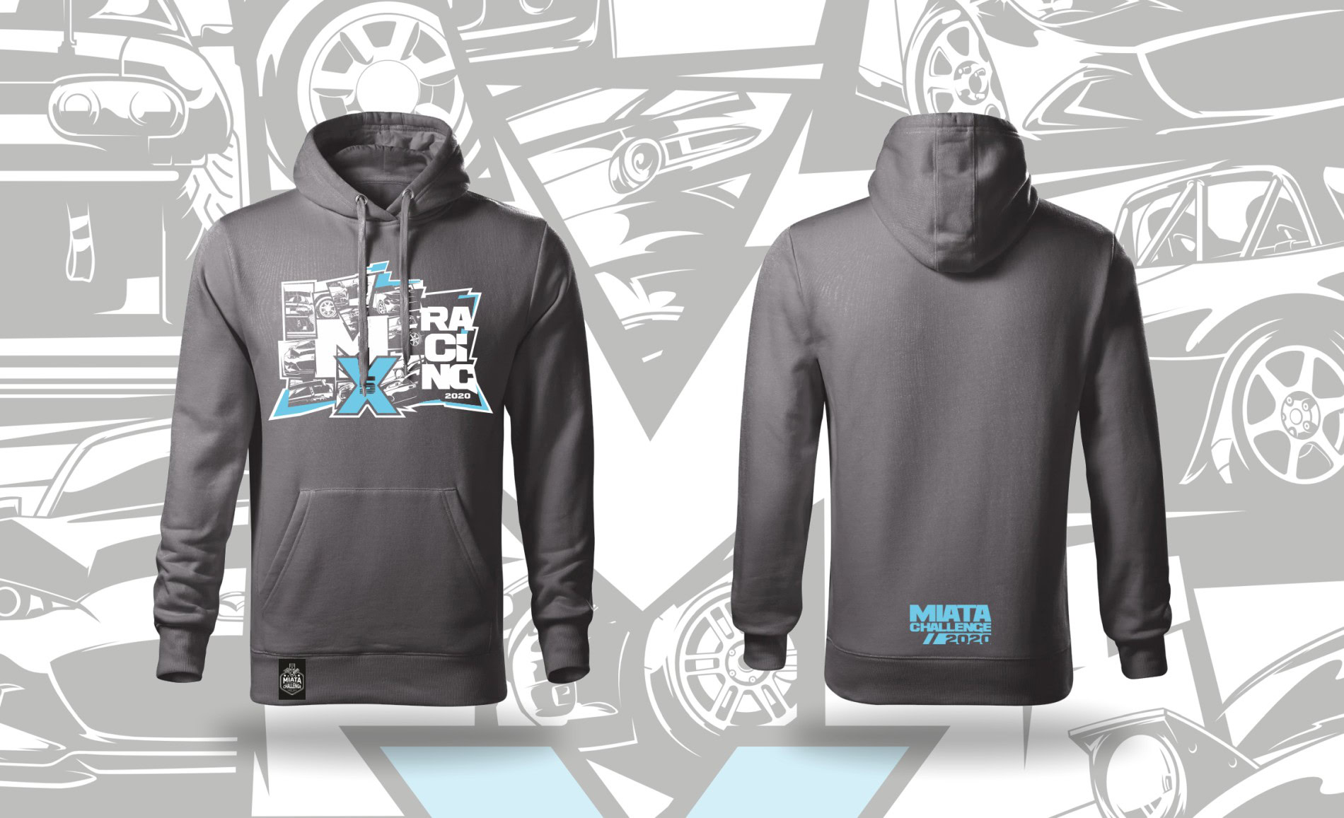 Custom gray Miata-themed hoodie featuring racing graphics and logo, perfect for Mazda MX-5 enthusiasts and car lovers. Comfortable, stylish, and ideal for casual wear or car events.