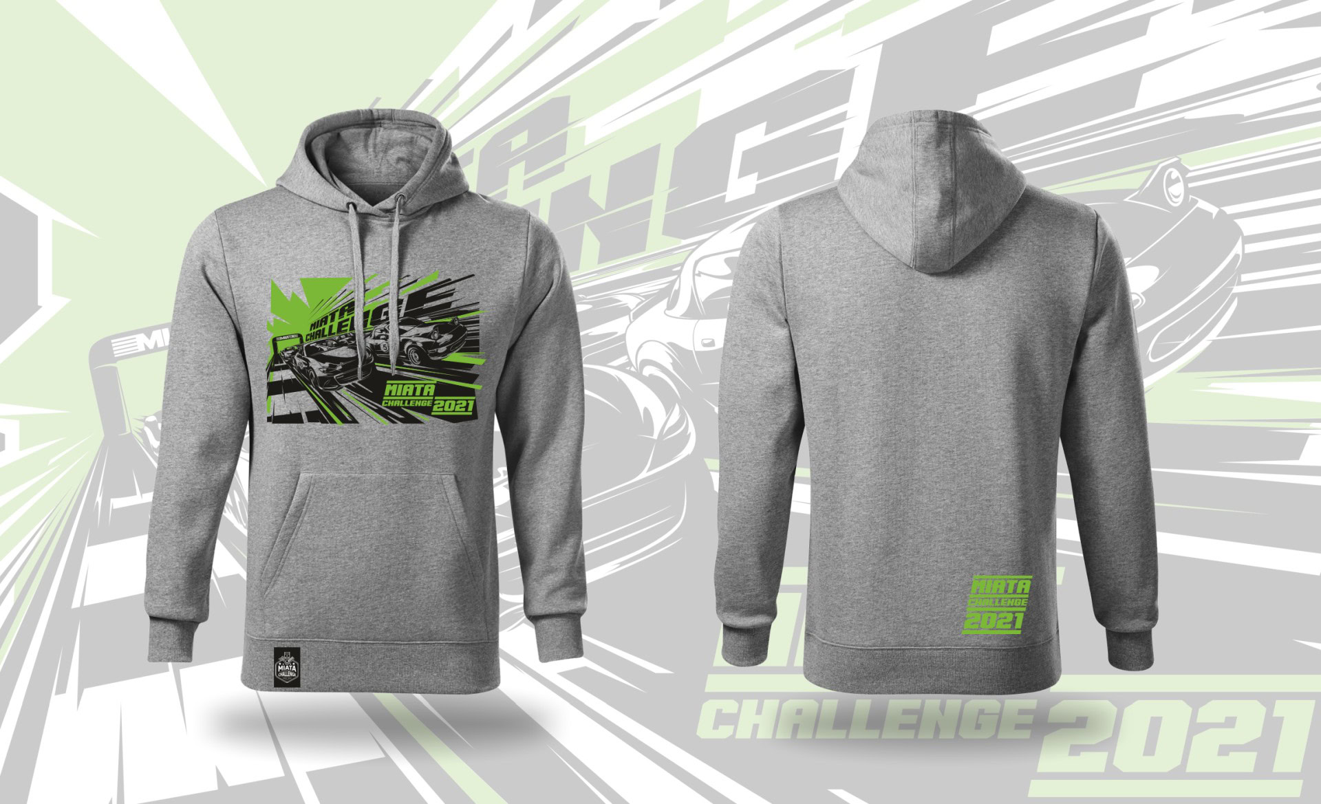 Gray hoodie featuring a dynamic Miata car graphic with green accents, perfect for Mazda MX-5 enthusiasts. Comfortable and stylish apparel for car lovers.