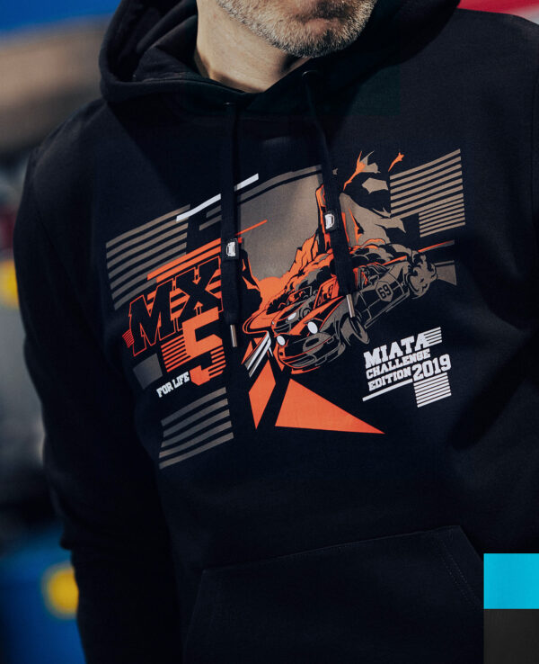 Hoodie featuring Sunset Drift design inspired by Mazda Miata MX-5, perfect for car enthusiasts and Miata fans.