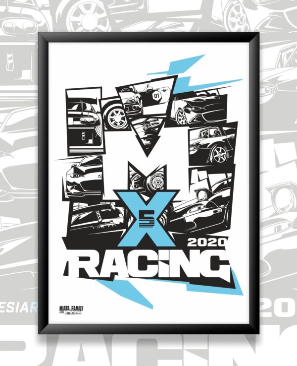 Dynamic Miata racing poster featuring various car illustrations and bold graphics, celebrating motorsport excitement and performance.