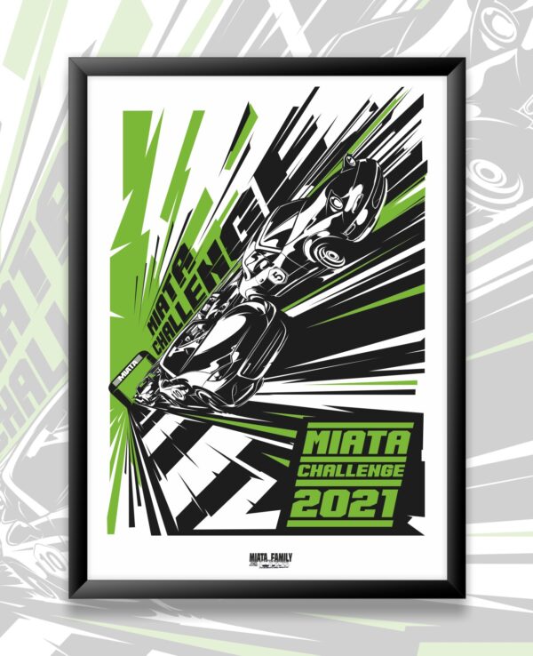 Start Straight Poster for Miata Challenge 2021 featuring a dynamic graphic of a Mazda Miata in motion with green and black design elements.