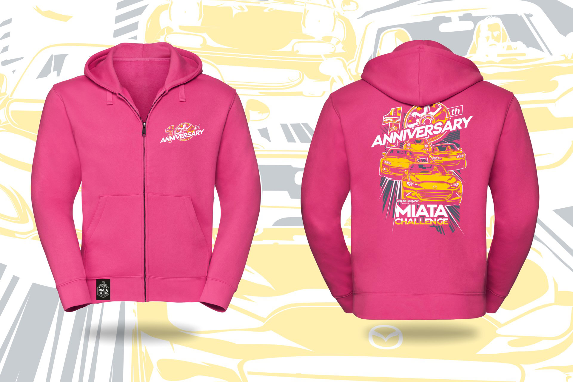 Hooded sweatshirt celebrating the 30th anniversary of Mazda Miata, featuring vibrant pink color and detailed graphics on the back. Perfect for Miata enthusiasts and car lovers.