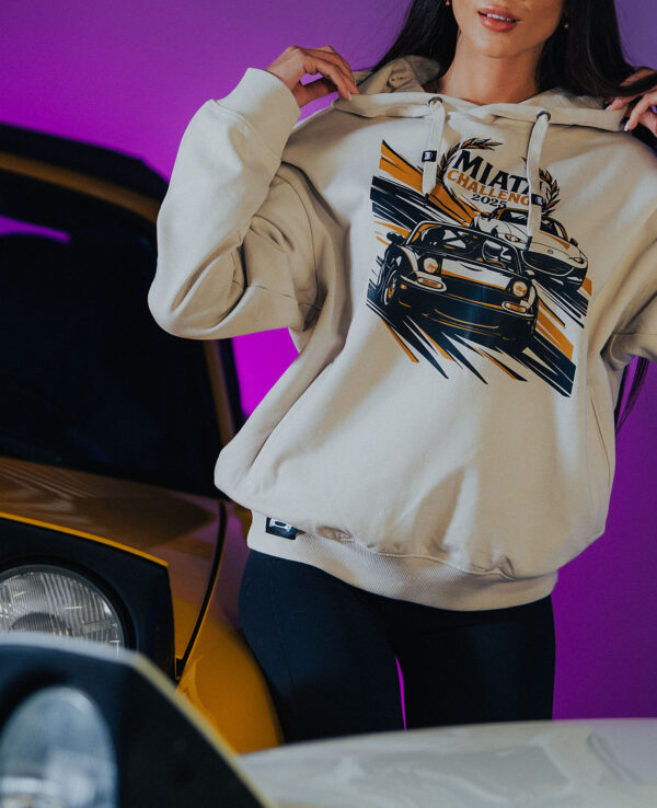 Hoodie featuring the Miata Challenge Final Lap design, perfect for car enthusiasts and Miata fans. Comfortable and stylish, ideal for casual wear and motorsport events.