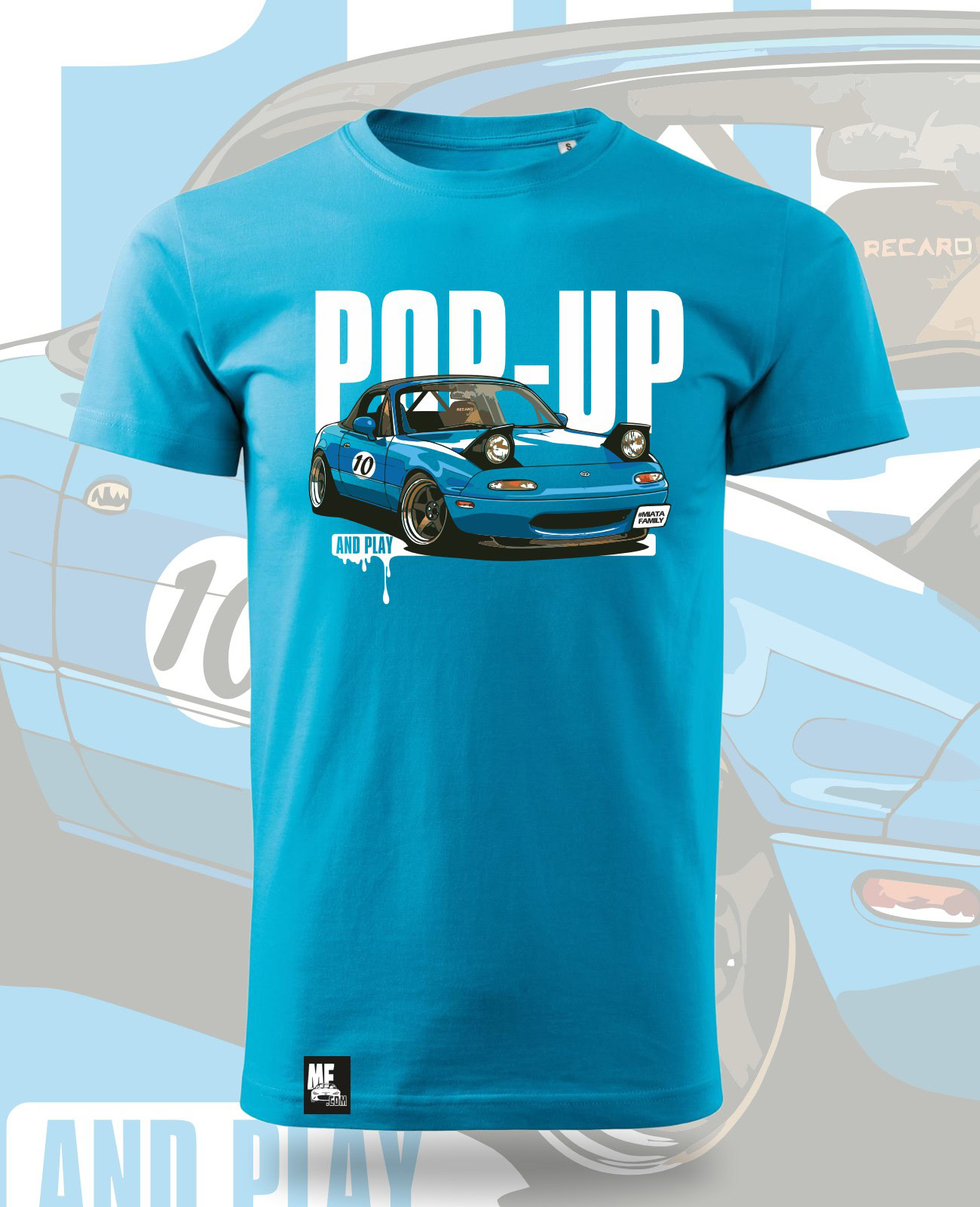 Vibrant blue Mazda Miata T-shirt featuring a classic pop-up car graphic, perfect for Miata car enthusiasts and fans of Mazda MX-5, with stylish "Pop-Up and Play" lettering.