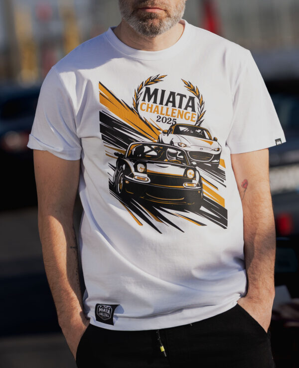 Men's white T-shirt featuring the Miata Challenge 2025 logo with racing cars and laurel wreath, perfect for Miata enthusiasts and car racing fans.