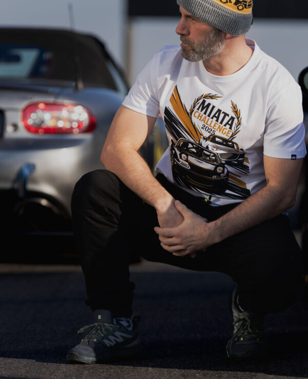 Final Lap T-shirt MC 2025 featuring MiataChallenge logo and racing graphic, perfect for Mazda Miata enthusiasts and car racing fans.