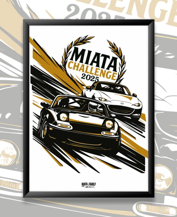 Illustration of two Mazda Miata cars racing in a dynamic style for the 2025 Miata Challenge event.
