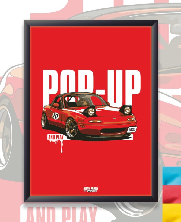 Red Mazda MX-5 Miata illustration with pop-up car theme, showcasing MiataFamily branding, perfect for Miata car enthusiasts, racing fans, and pop culture lovers.