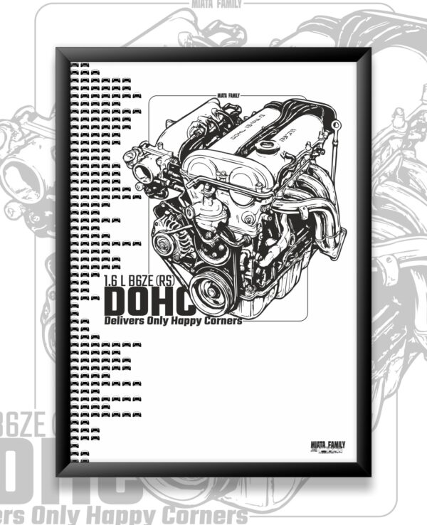 1. image of a detailed line drawing of a 1.6L B6ZE (RS) engine in a black frame, highlighting automotive engineering and Mazda Miata parts for car enthusiasts and collectors.