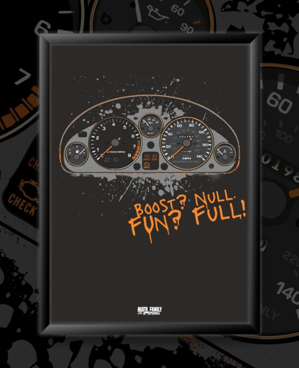 Speedometer gauge cluster with "Boost? Fun? Null. Full!" text on dark background, representing automotive performance and car enthusiast themes.