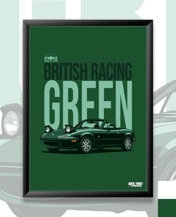 British Racing Green Miata poster showcasing a classic convertible sports car in iconic green color. Perfect for car lovers, collectors, and fans of British racing heritage.