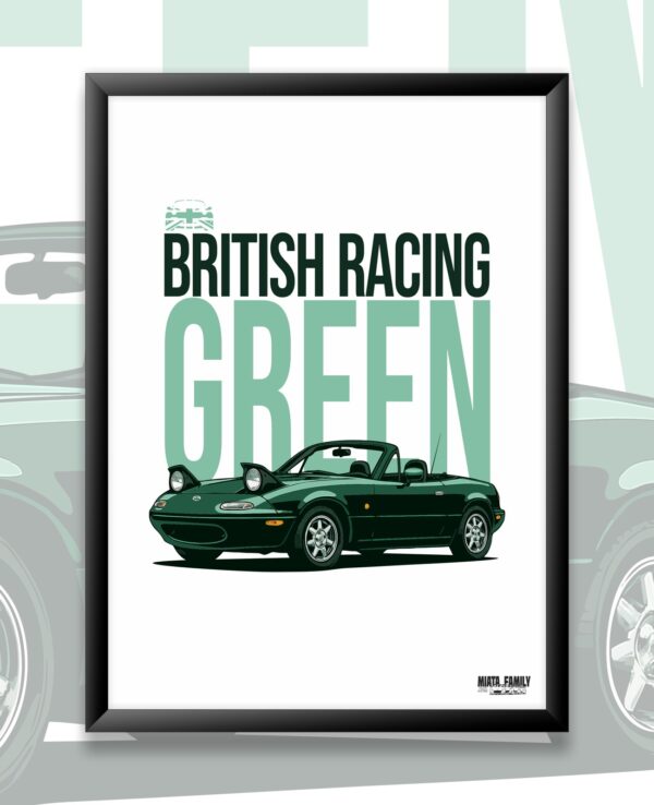 Framed poster featuring a classic Mazda Miata in British Racing Green with bold text "British Racing Green" on a white background. Perfect for car enthusiasts and Miata fans.