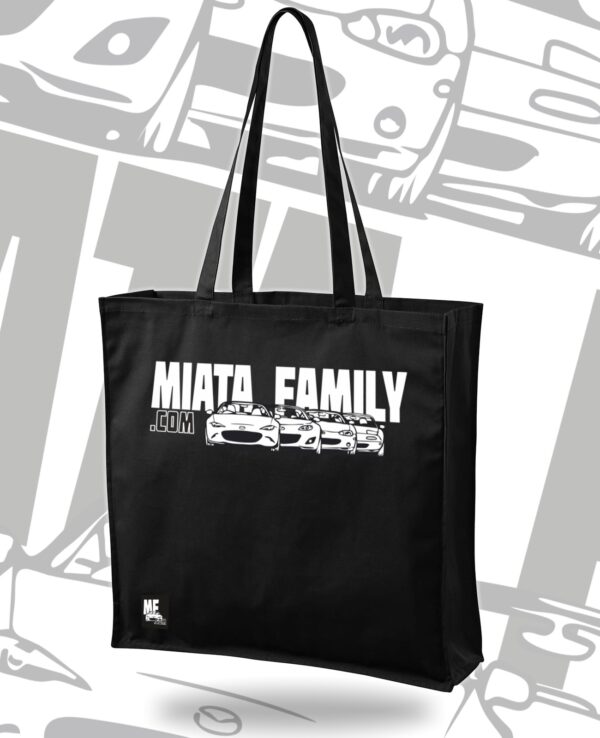 Durable black MiataFamily.com tote bag featuring heavy-duty material and spacious design, perfect for carrying roadster accessories and gear.