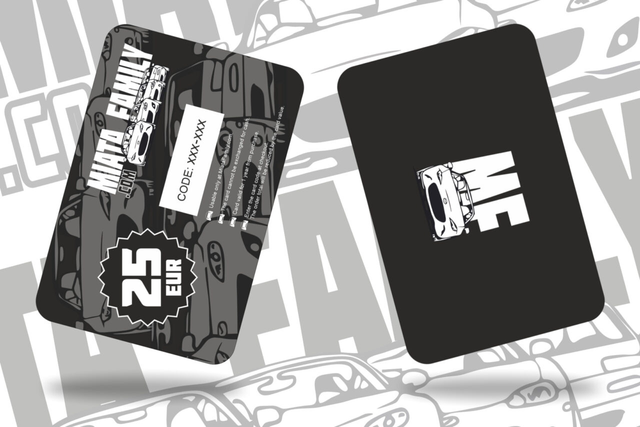 MX-5 Gift Card. MiataFamily.com loyalty card featuring a discount offer and a code, designed for Mazda Miata enthusiasts and club members.