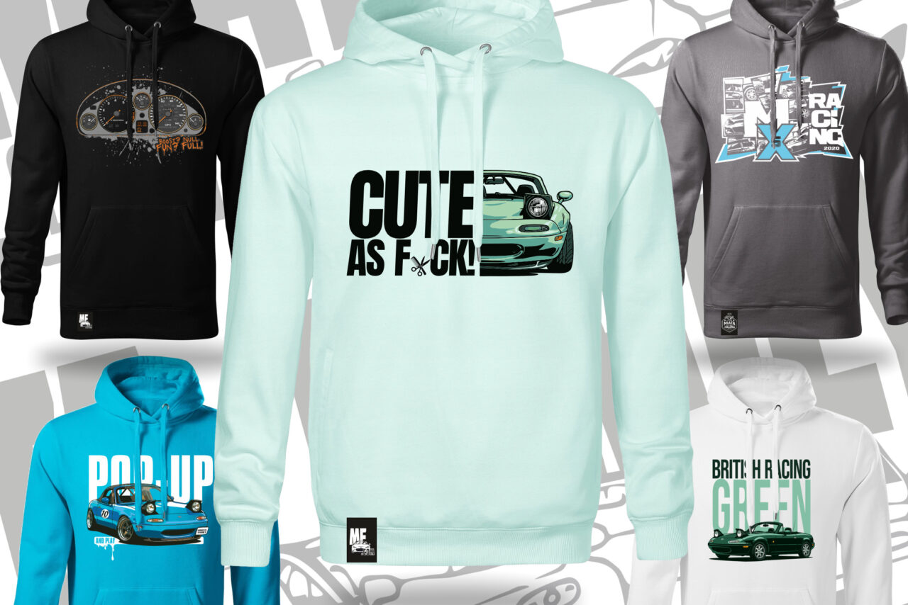Mazda MX-5 hoodie featuring a cute car graphic and bold text, perfect for Miata enthusiasts. Comfortable, stylish, and ideal for showcasing your love for Mazda Miatas.
