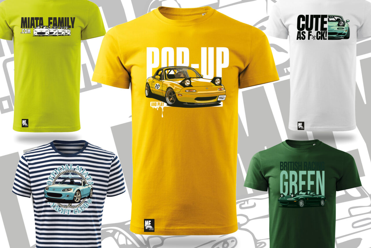 Mazda MX-5 T-shirt featuring a classic Miata car with "POP-UP" text, perfect for Miata enthusiasts and car lovers.