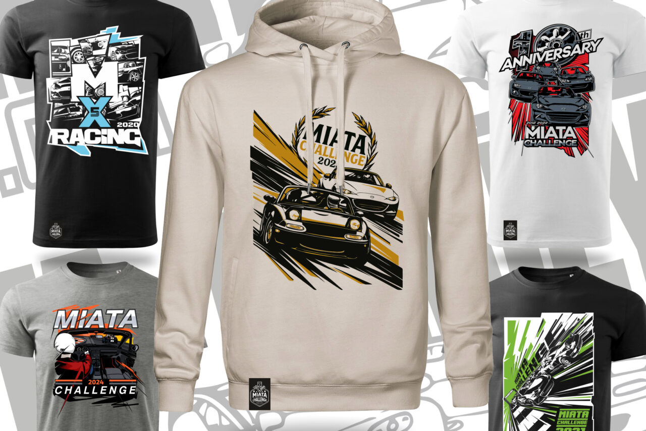 Comfortable beige hoodie featuring a dynamic Miata racing car graphic, perfect for motorsport enthusiasts and Miata fans.