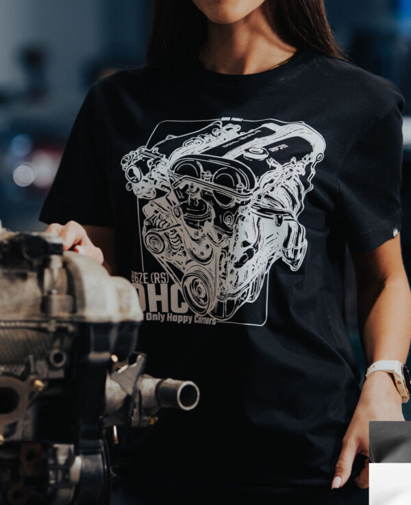 Engine diagram graphic on black T-shirt, perfect for Mazda Miata fans and car enthusiasts. Show your passion for automotive engineering and Miata culture with this stylish apparel.