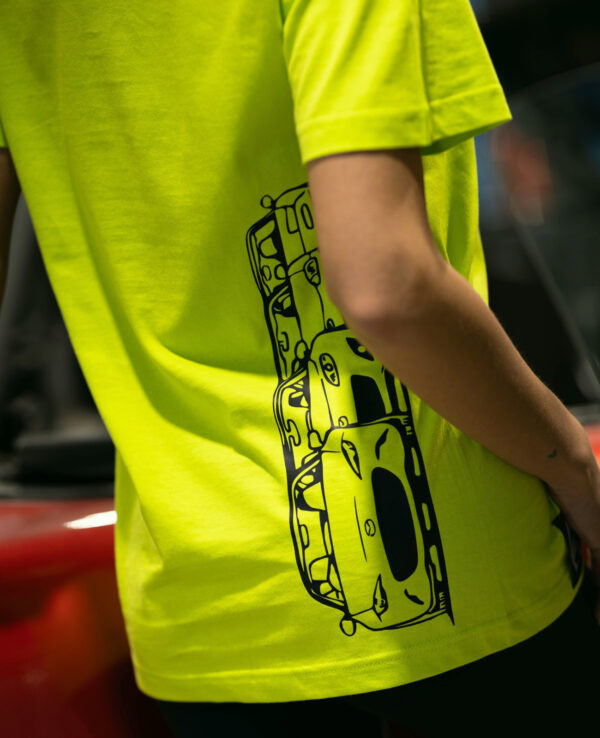 Bright yellow T-shirt featuring a black graphic of a classic Mazda Miata car, perfect for car enthusiasts and Miata fans.