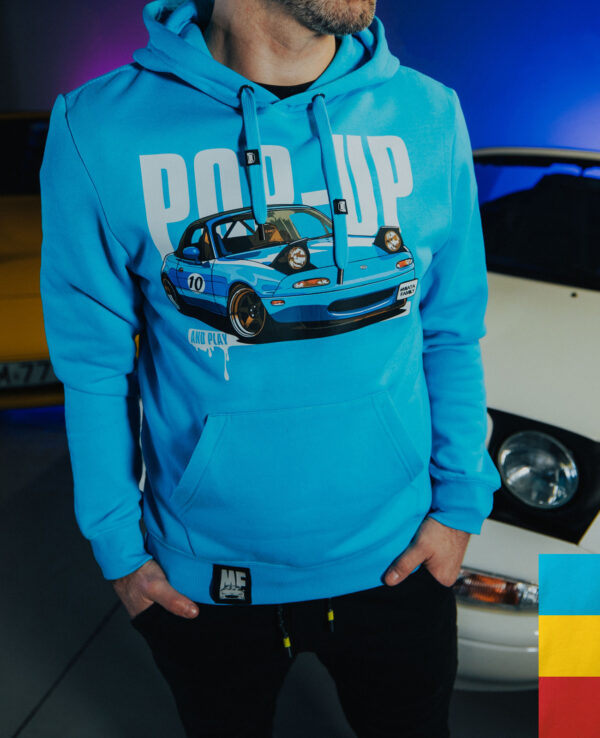 Blue hoodie featuring a detailed graphic of a classic Mazda Miata sports car, perfect for car enthusiasts and Miata fans. Comfortable and stylish for casual wear.