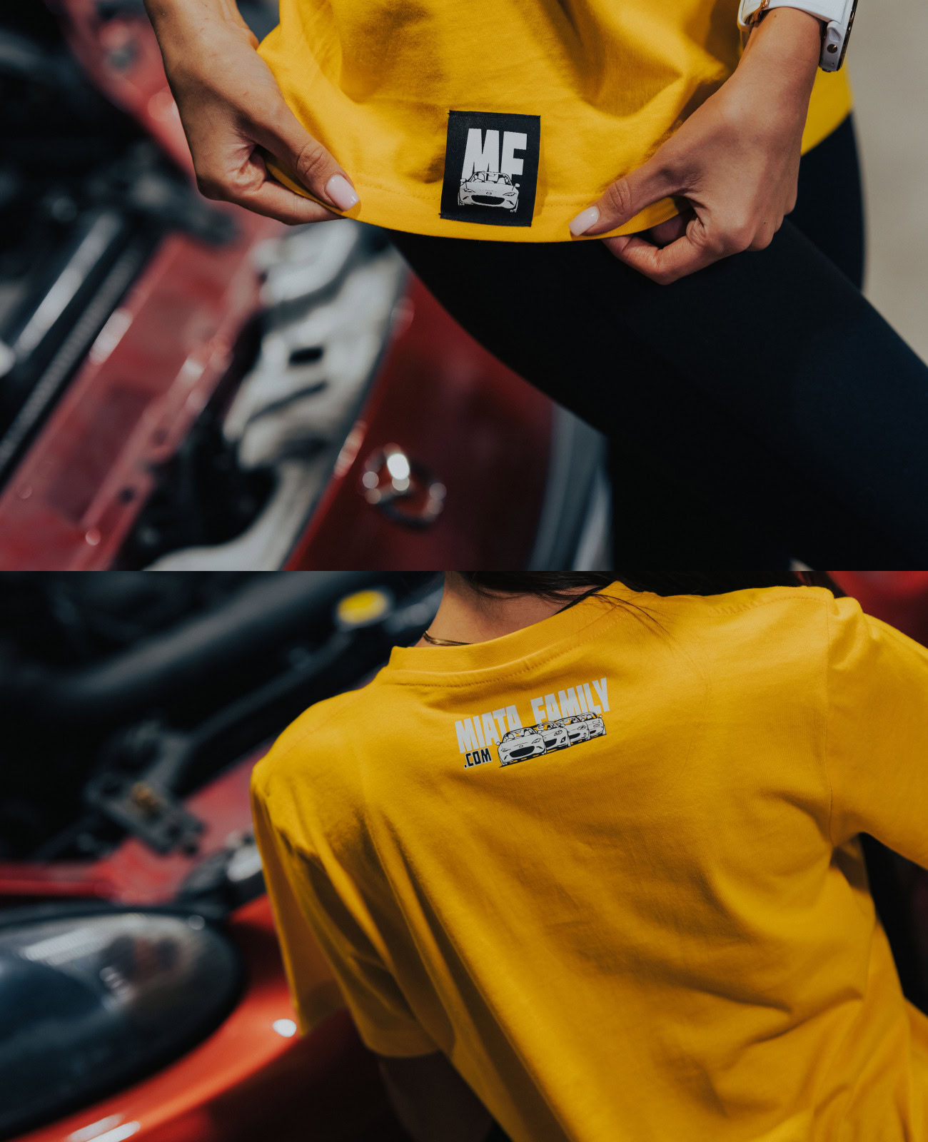 Stylish yellow Miata-themed T-shirt featuring the Miata Family logo and car graphic, perfect for Mazda MX-5 enthusiasts.
