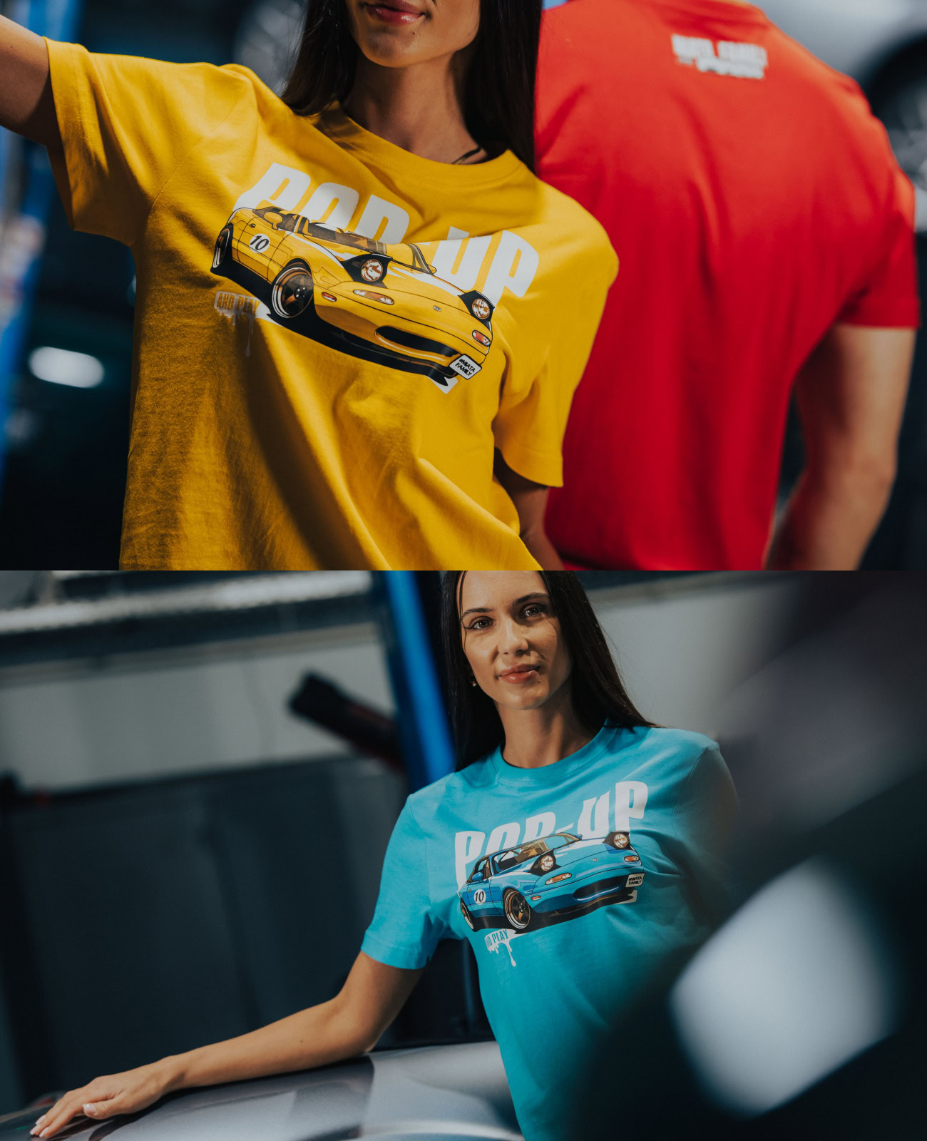 Two women wearing Miata-themed T-shirts, one in yellow and one in blue, showcasing Mazda Miata car designs at a car event.
