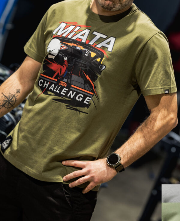 Miata Challenge 2024 T-shirt featuring a graphic of a Mazda Miata race car.