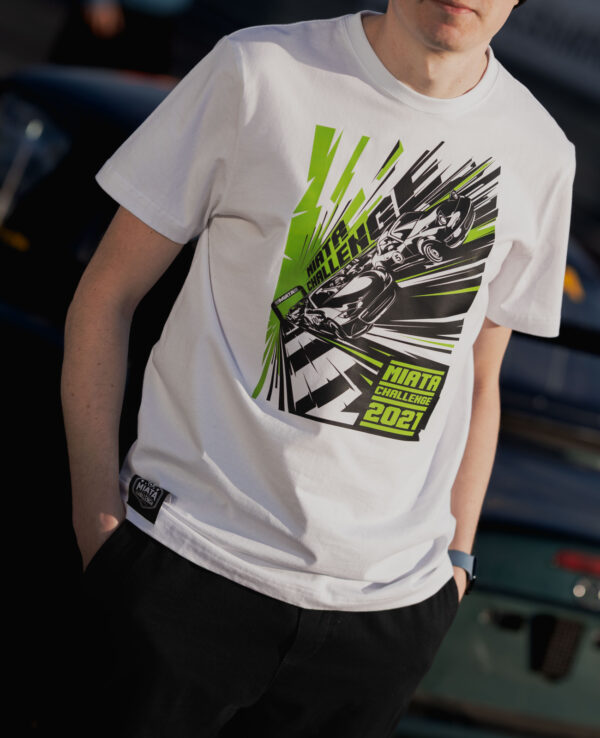 White T-shirt featuring Miata Challenge 2021 graphic design with racing cars, perfect for Miata enthusiasts and car racing fans.